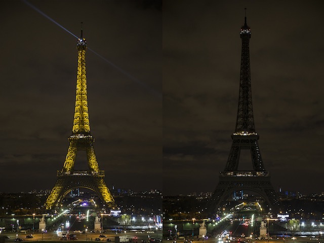 epaselect epa04684248 A composite picture of the Eiffel Tower with its lights switched on (L) and off (R) for the Earth Hour 2015 in Paris, France, 28 March 2015. 170 countries and 1200 monuments' lights are to be switched off at exactly 8.30pm local hours, taking part in the operation Earth Hour for its 2015 edition. Launched by the World Wide Foundation, the event is meant to highlight the importance to fight global warming. EPA/ETIENNE LAURENT