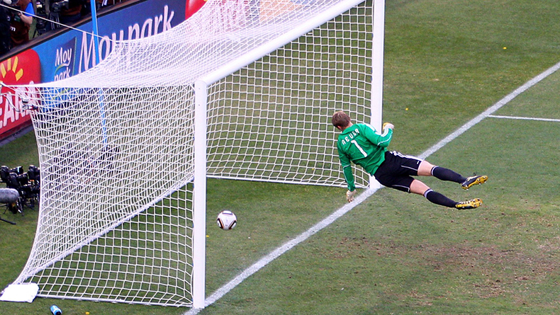BLOEMFONTEIN, SOUTH AFRICA - JUNE 27: Manuel Neuer of Germany watches the ball bounce over the line from a shot that hit the crossbar from Frank Lampard of England, but referee Jorge Larrionda judges the ball did not cross the line during the 2010 FIFA World Cup South Africa Round of Sixteen match between Germany and England at Free State Stadium on June 27, 2010 in Bloemfontein, South Africa. (Photo by Cameron Spencer/Getty Images)