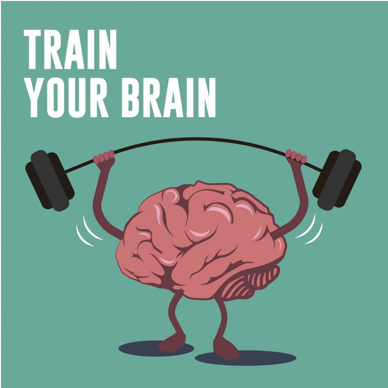 Human brain flat vector, brain activity, lifting bar weightlifting , creative concept illustration for poster, cover with lettering Train your brain.